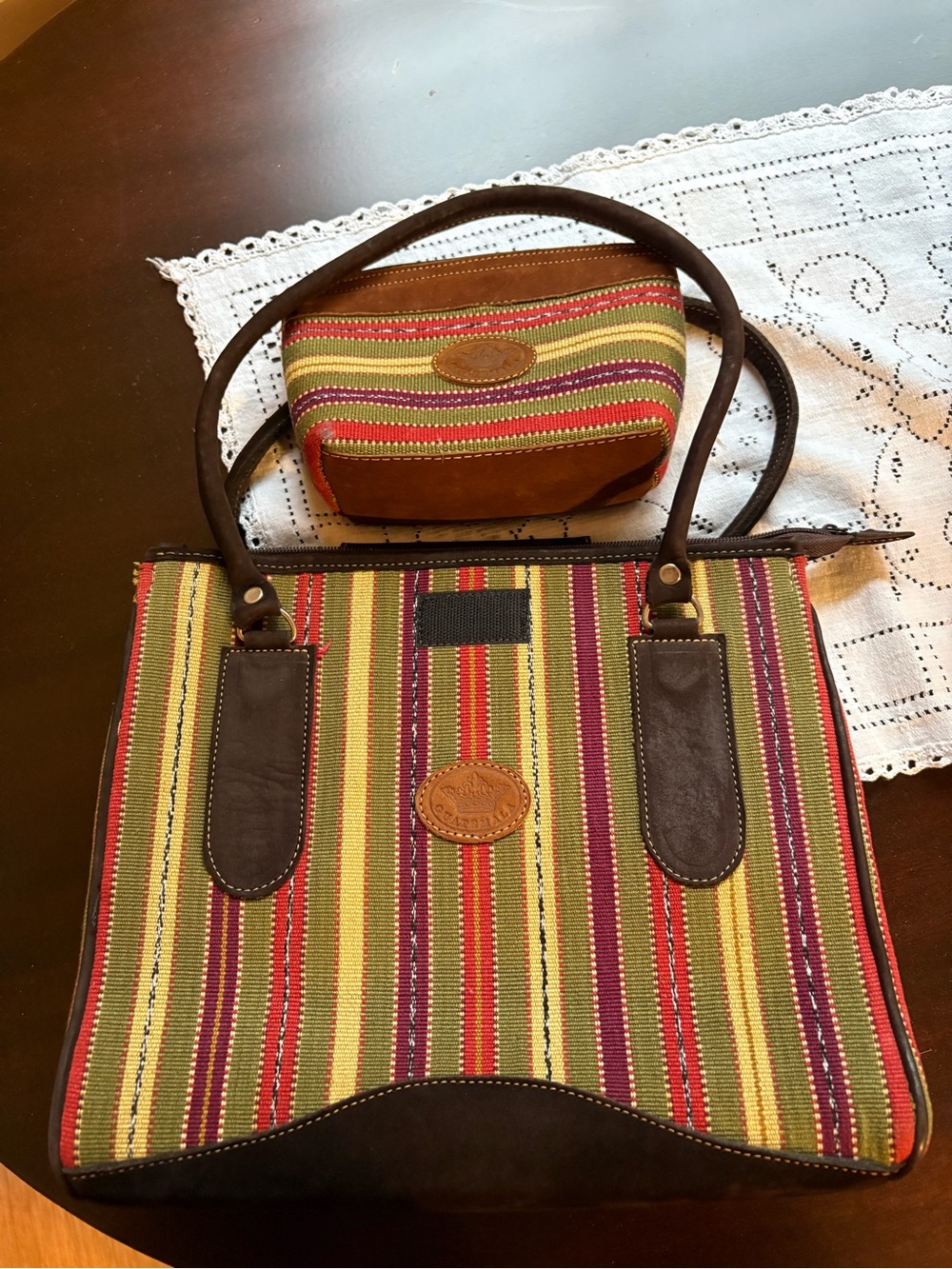 Guatemala hand bag with genuine leather accents, handwoven textile patterns.